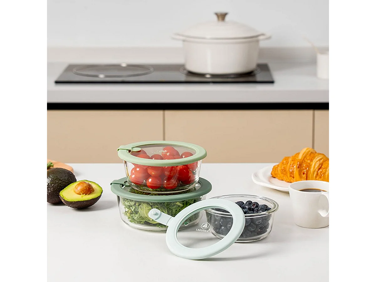 Lot de 3 boîtes en verre rondes avec couvercle 400/650/950ml