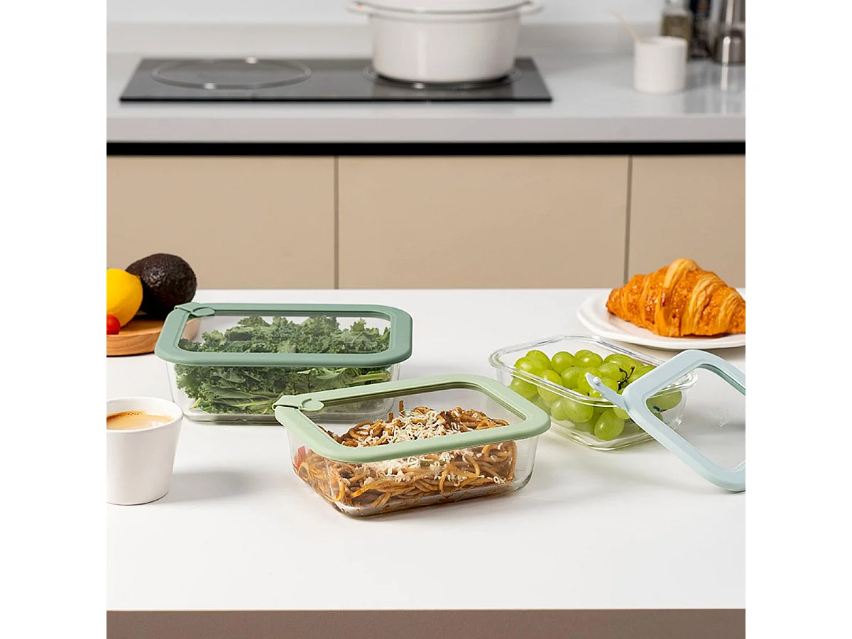 Lot de 3 boîtes en verre rectangulaires avec couvercle 640/1050/1520ml