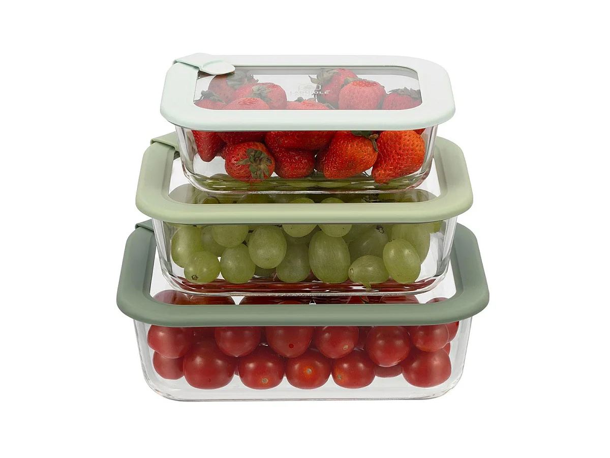 Lot de 3 boîtes en verre rectangulaires avec couvercle 640/1050/1520ml