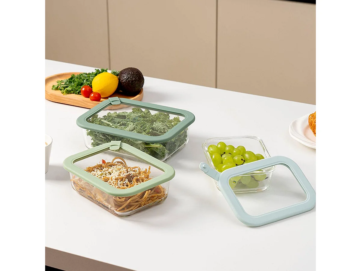 Lot de 3 boîtes en verre rectangulaires avec couvercle 640/1050/1520ml