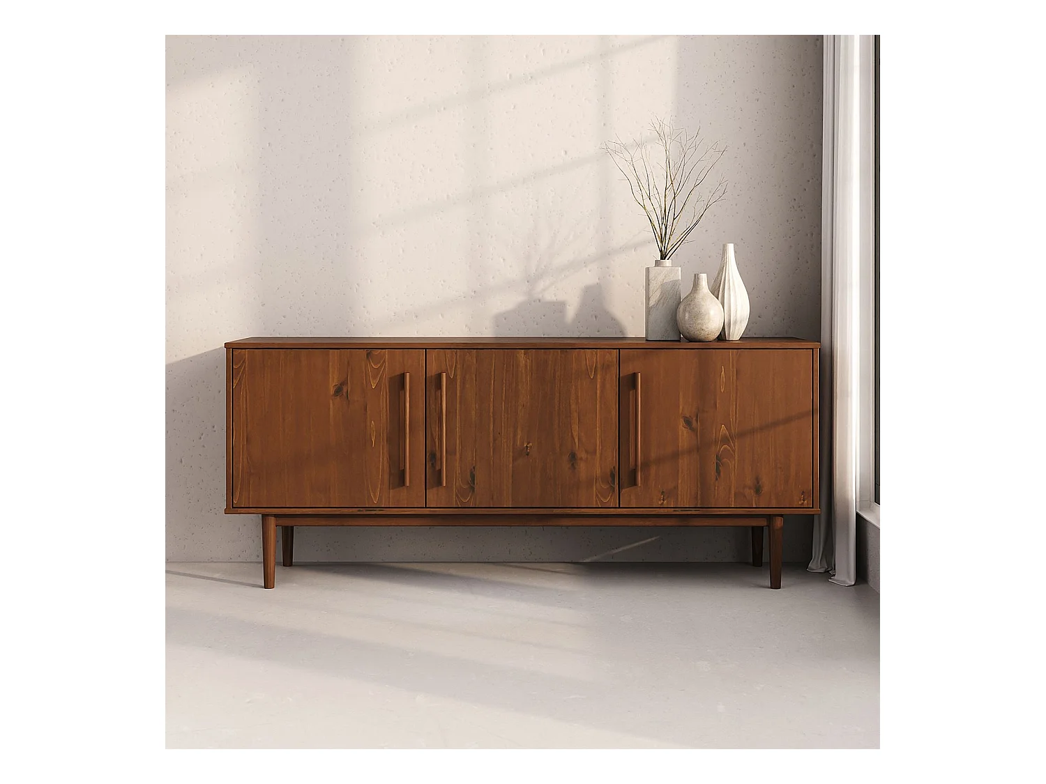 Buffet TECCA L 170 cm 3 Portes en Bois Massif Coloris Châtaignier avec Étagères Réglables, Deux compartiments