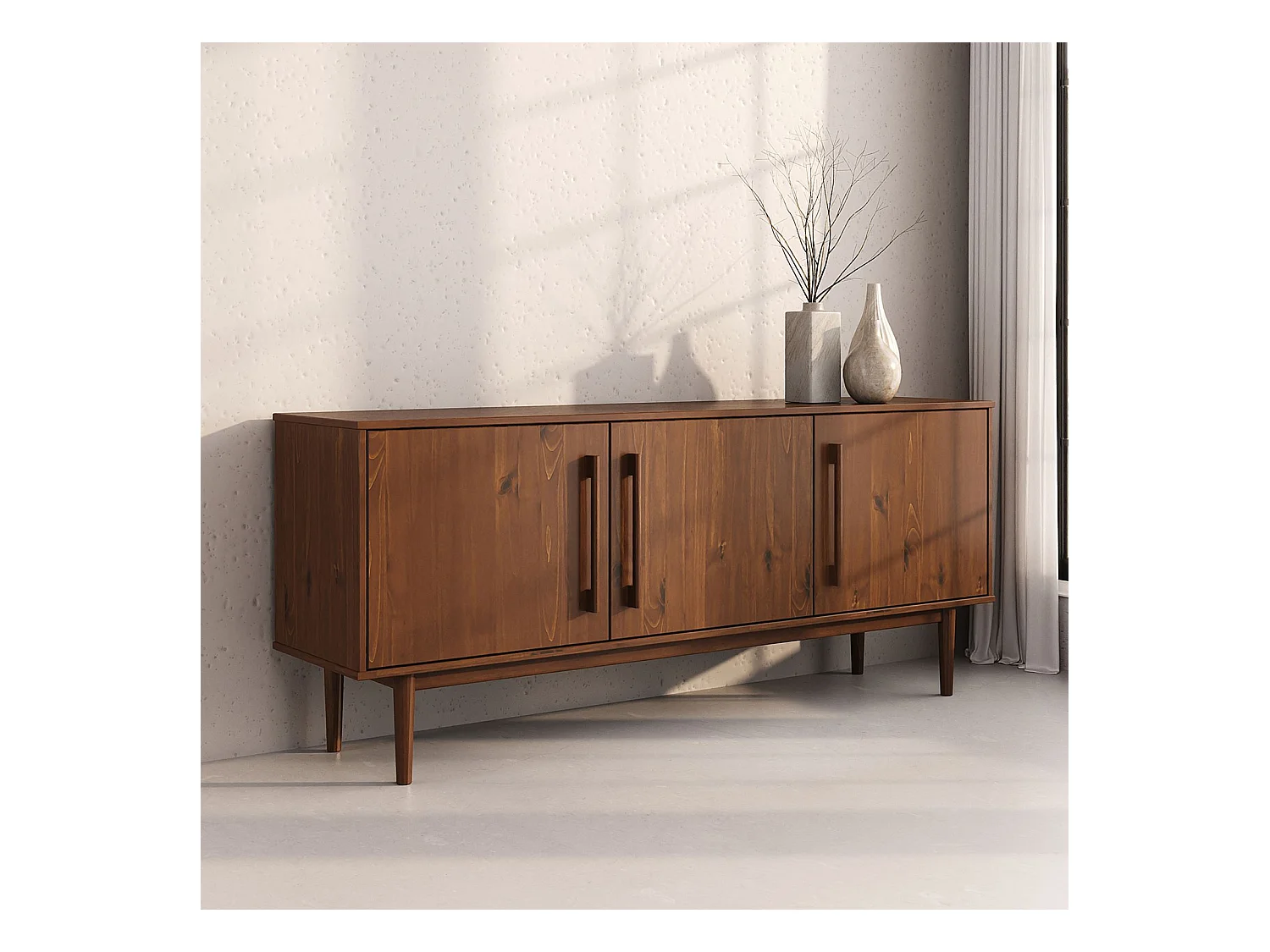 Buffet TECCA L 170 cm 3 Portes en Bois Massif Coloris Châtaignier avec Étagères Réglables, Deux compartiments