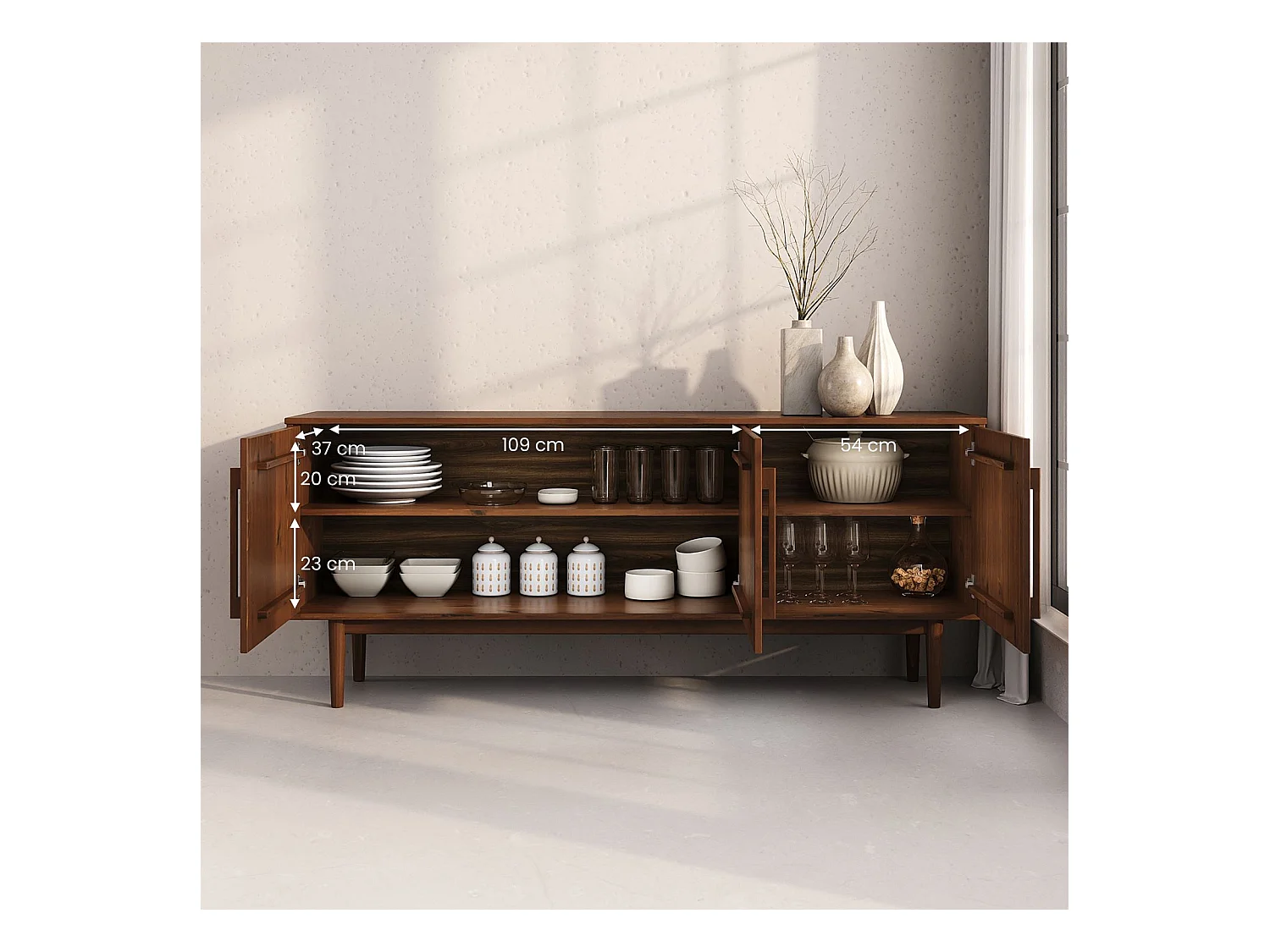 Buffet TECCA L 170 cm 3 Portes en Bois Massif Coloris Châtaignier avec Étagères Réglables, Deux compartiments