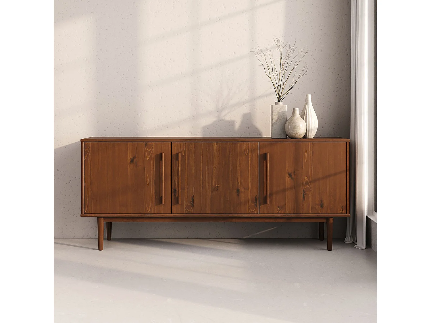 Buffet TECCA L 170 cm 3 Portes en Bois Massif Coloris Châtaignier avec Étagères Réglables, Deux compartiments