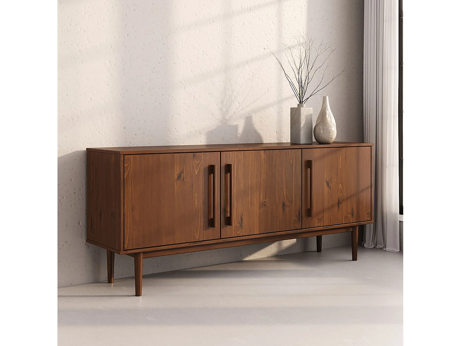 Buffet TECCA L 170 cm 3 Portes en Bois Massif Coloris Châtaignier avec Étagères Réglables, Deux compartiments