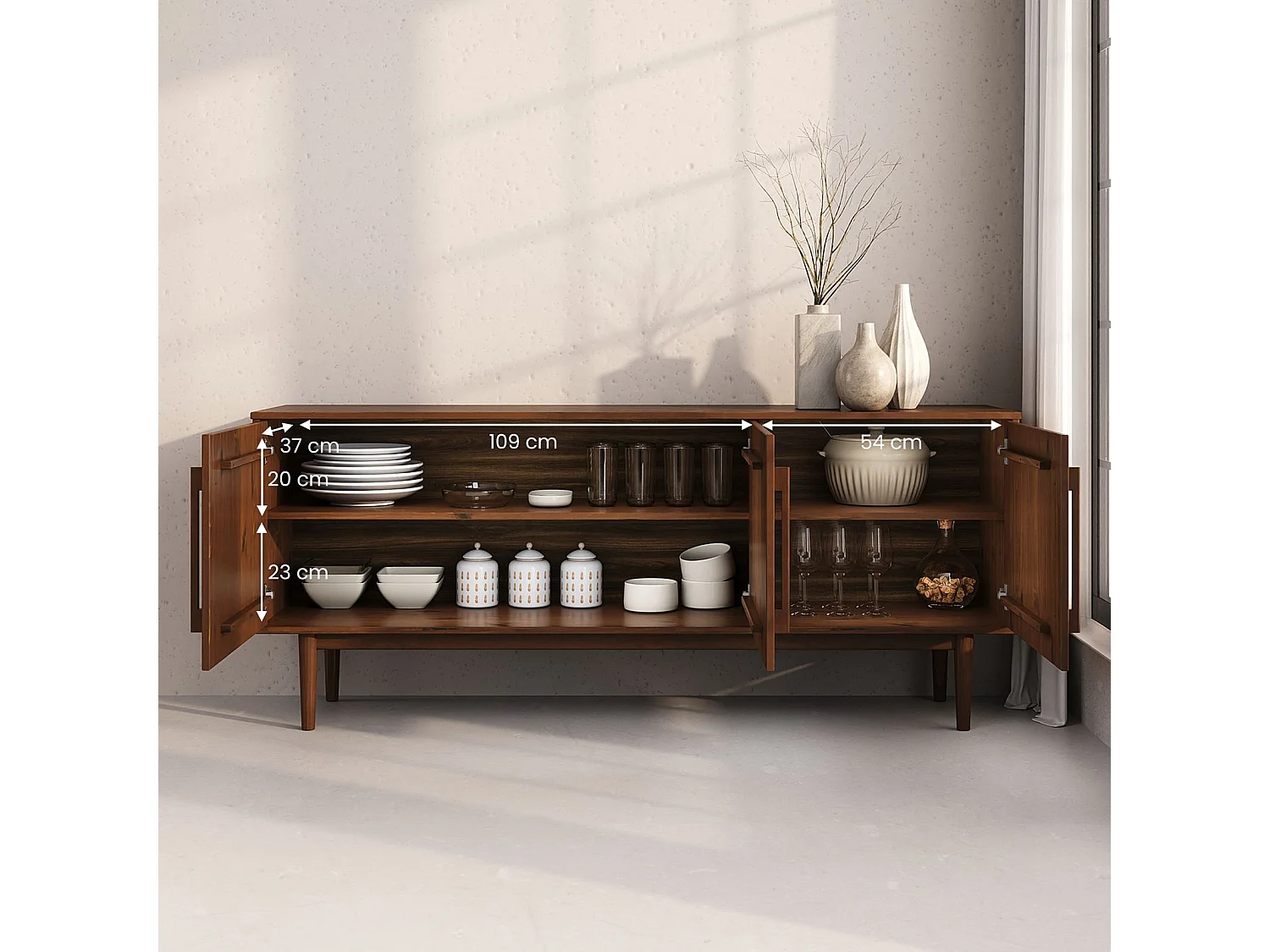 Buffet TECCA L 170 cm 3 Portes en Bois Massif Coloris Châtaignier avec Étagères Réglables, Deux compartiments