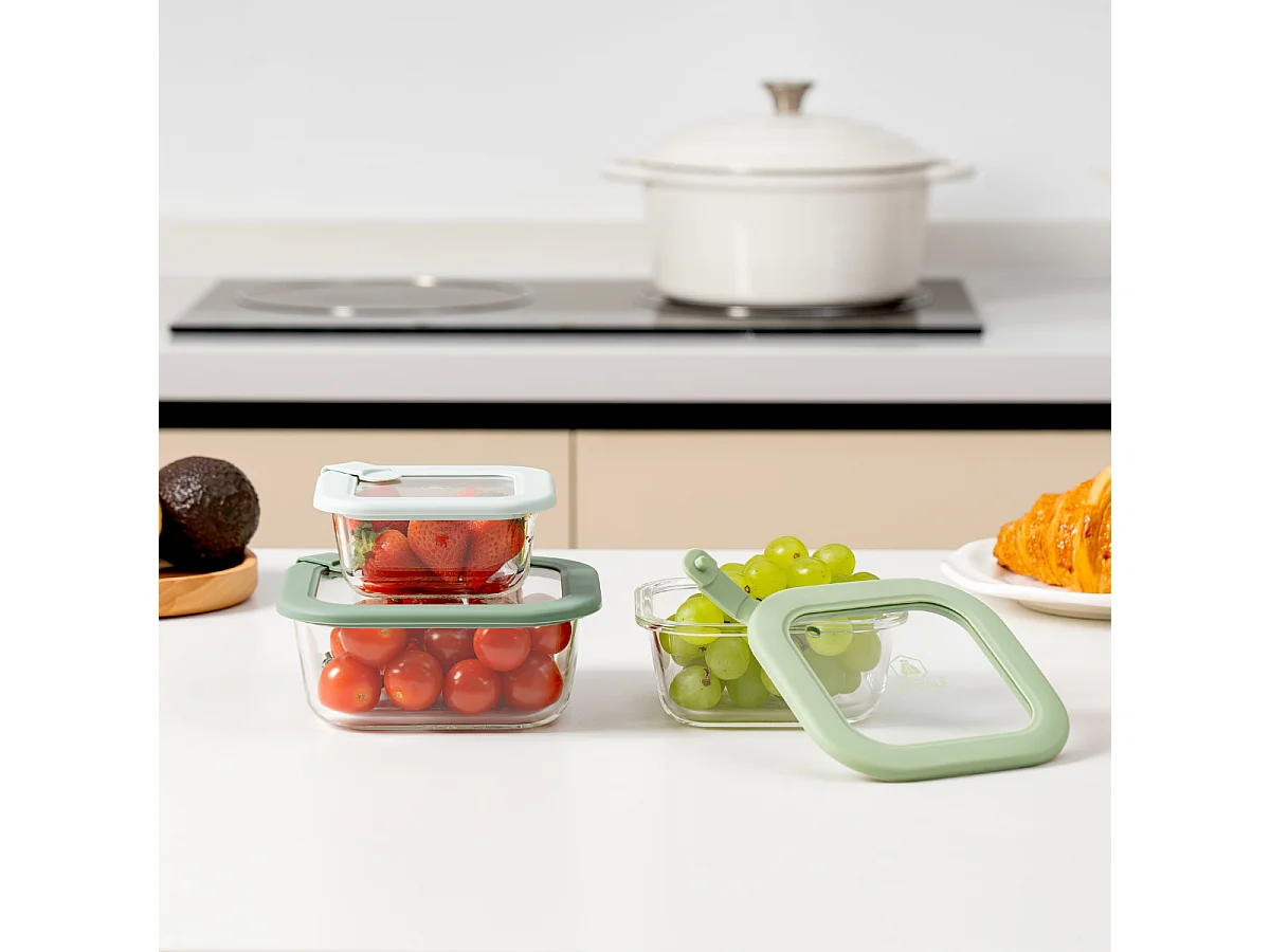 Lot de 3 boîtes en verre carrées avec couvercle 320/520/800ml