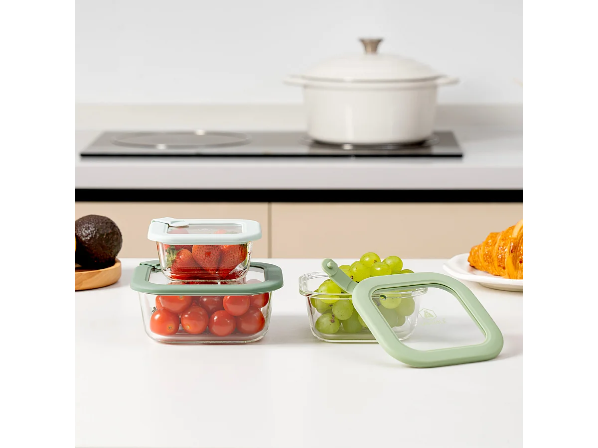 Lot de 3 boîtes en verre carrées avec couvercle 320/520/800ml