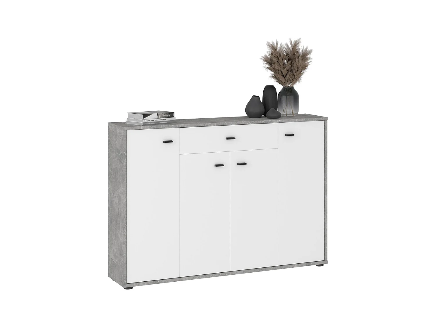 Buffet RAVODA 4 portes 1 tiroir, 117x85x30 cm, Meuble de Rangement avec Étagères et Tiroir pour Salon ou Salle à manger, Blanc