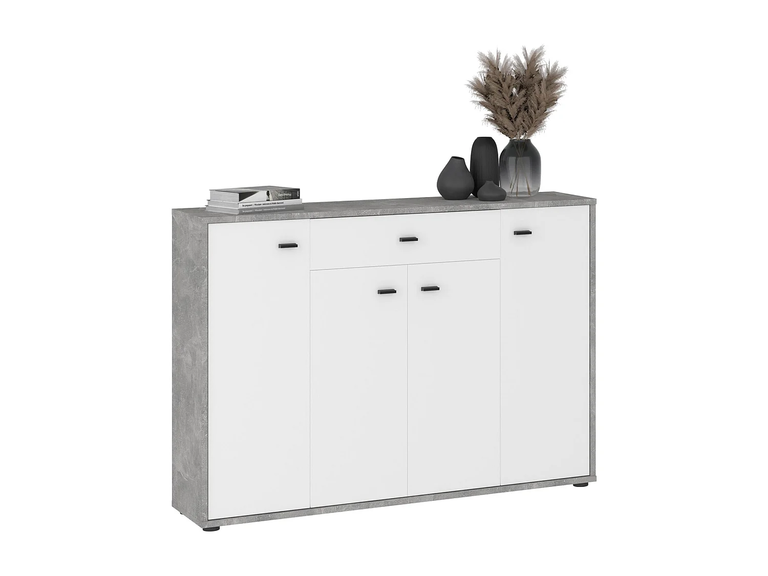 Buffet RAVODA 4 portes 1 tiroir, 117x85x30 cm, Meuble de Rangement avec Étagères et Tiroir pour Salon ou Salle à manger, Blanc