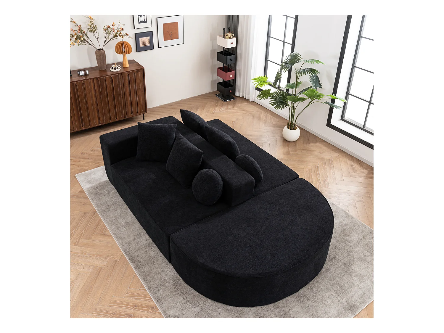 Canapé 5 places noir - Canapé sans cadre avec 4 coussins carrés et 2 coussins ronds - chenille