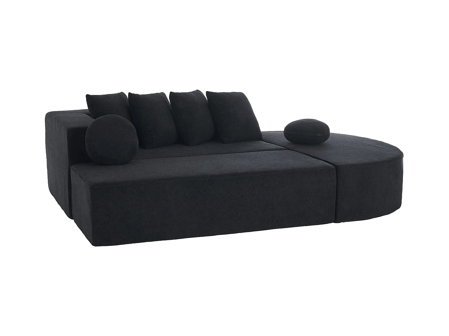 Canapé 5 places noir - Canapé sans cadre avec 4 coussins carrés et 2 coussins ronds - chenille