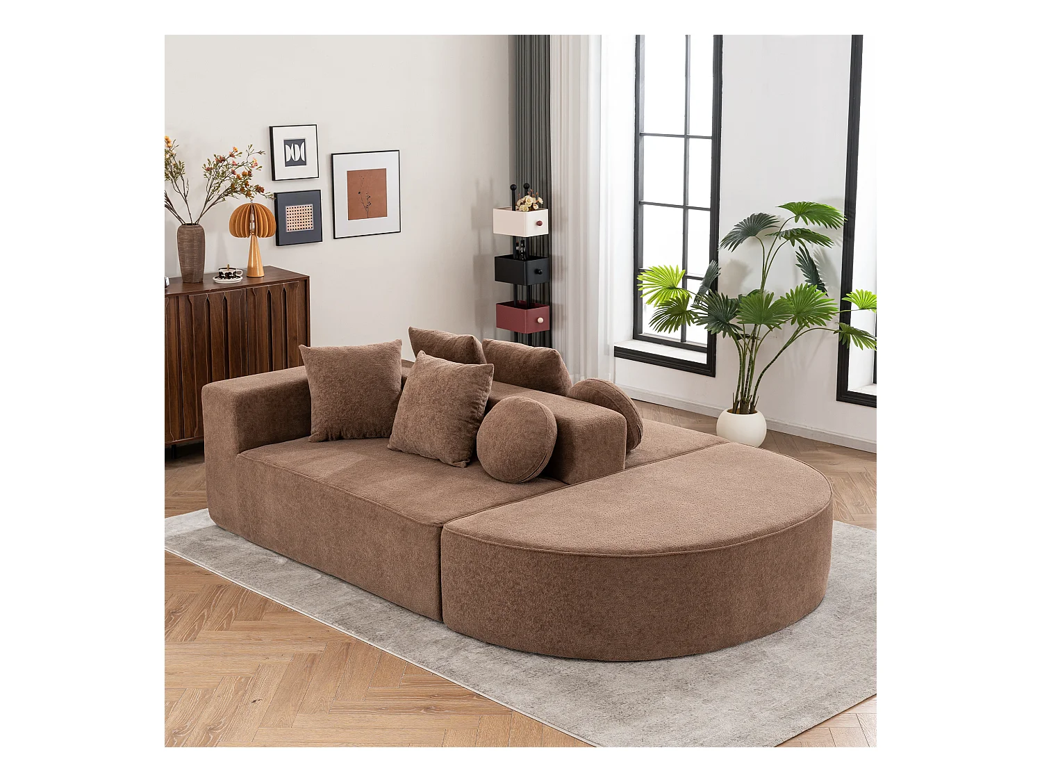 Canapé 5 places noir - Canapé sans cadre avec 4 coussins carrés et 2 coussins ronds - chenille