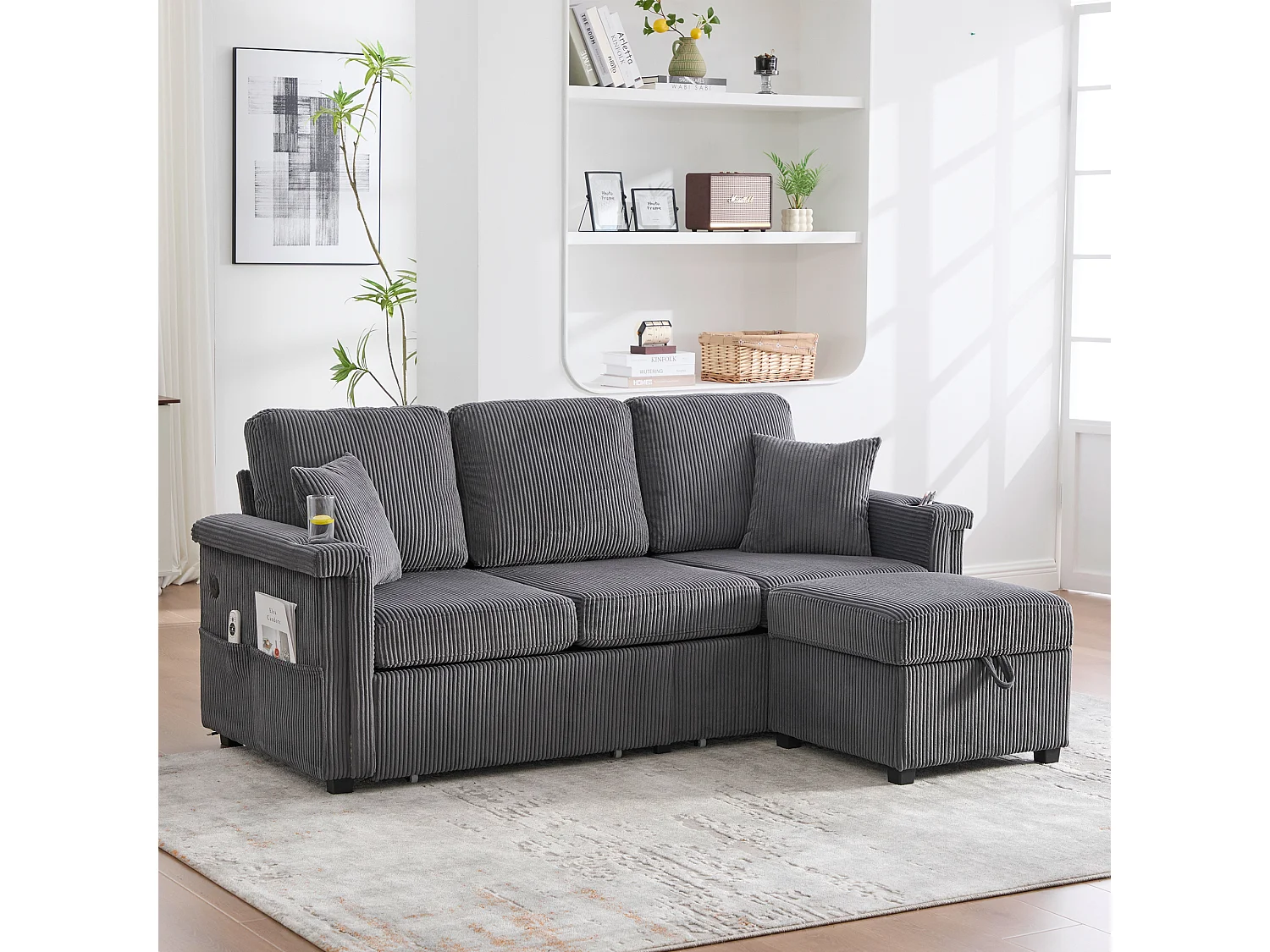 Donkergrijze 4-zitsbank - Hoekbank met LED-verlichting en voetenbank met opbergruimte - bekerhouder en zijvakken - corduroy