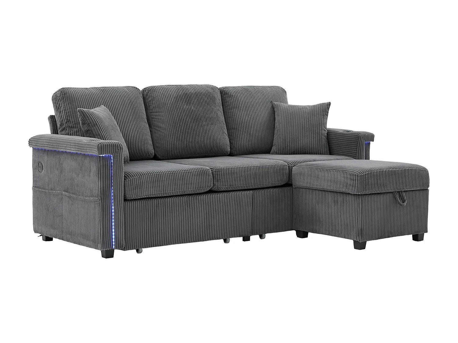 Donkergrijze 4-zitsbank - Hoekbank met LED-verlichting en voetenbank met opbergruimte - bekerhouder en zijvakken - corduroy