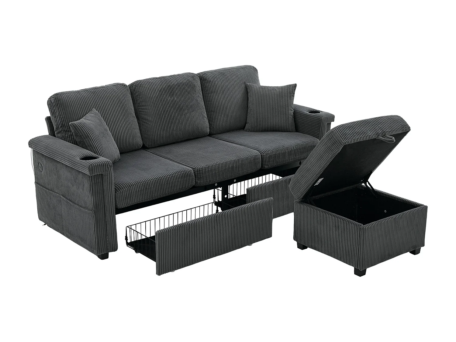 Donkergrijze 4-zitsbank - Hoekbank met LED-verlichting en voetenbank met opbergruimte - bekerhouder en zijvakken - corduroy