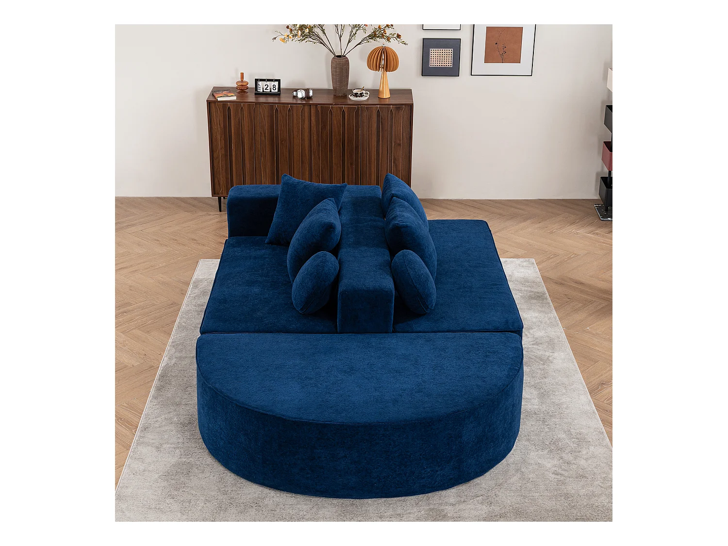 Canapé 5 places bleu - Canapé sans cadre avec 4 coussins carrés et 2 coussins ronds - chenille