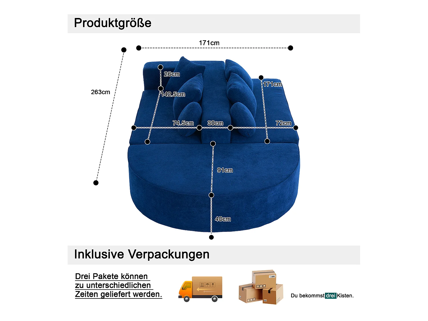 Canapé 5 places bleu - Canapé sans cadre avec 4 coussins carrés et 2 coussins ronds - chenille