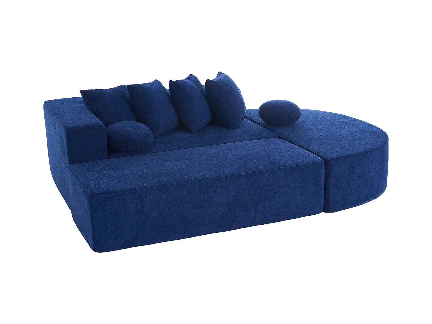 Canapé 5 places bleu - Canapé sans cadre avec 4 coussins carrés et 2 coussins ronds - chenille