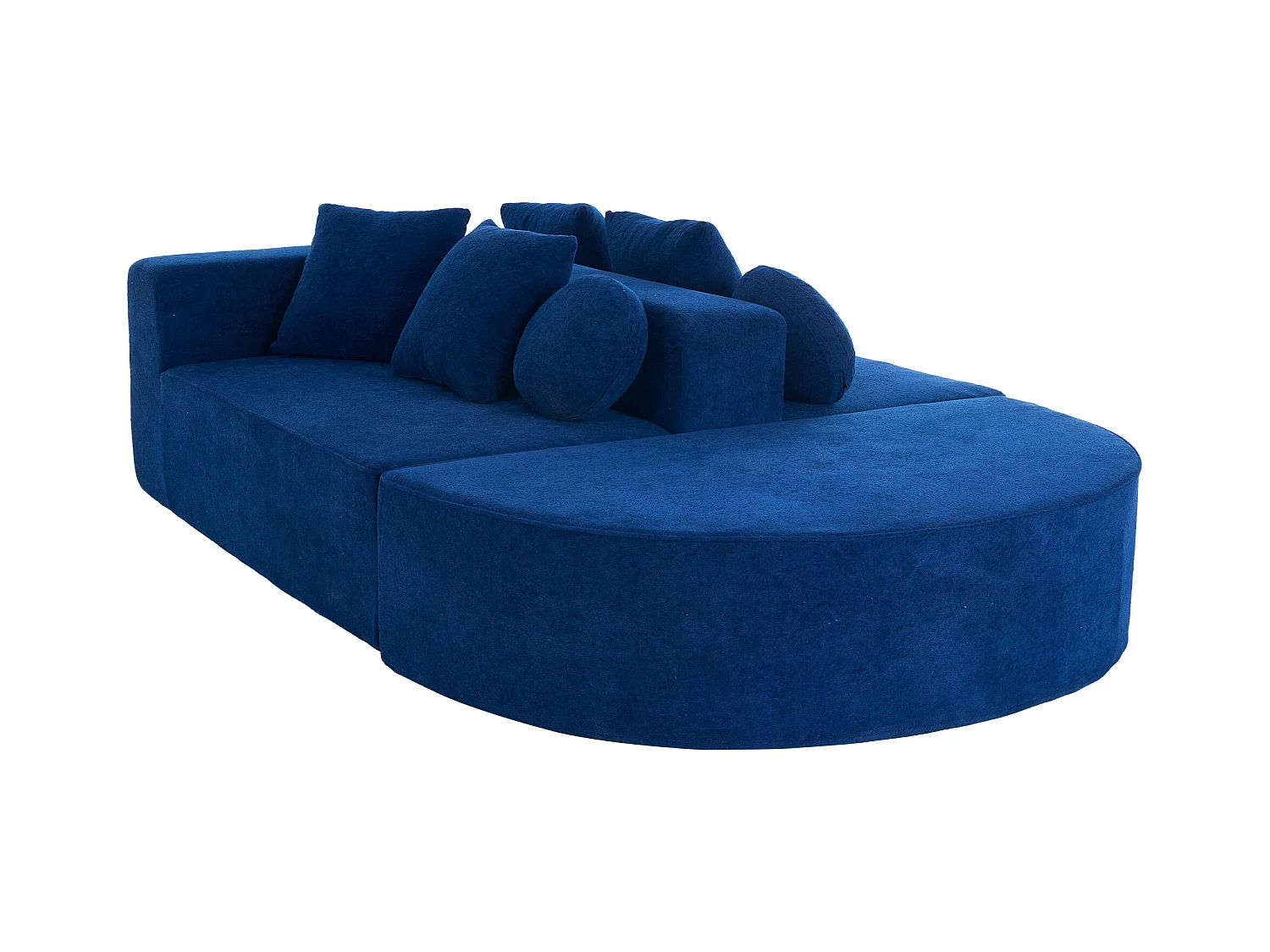 Canapé 5 places bleu - Canapé sans cadre avec 4 coussins carrés et 2 coussins ronds - chenille