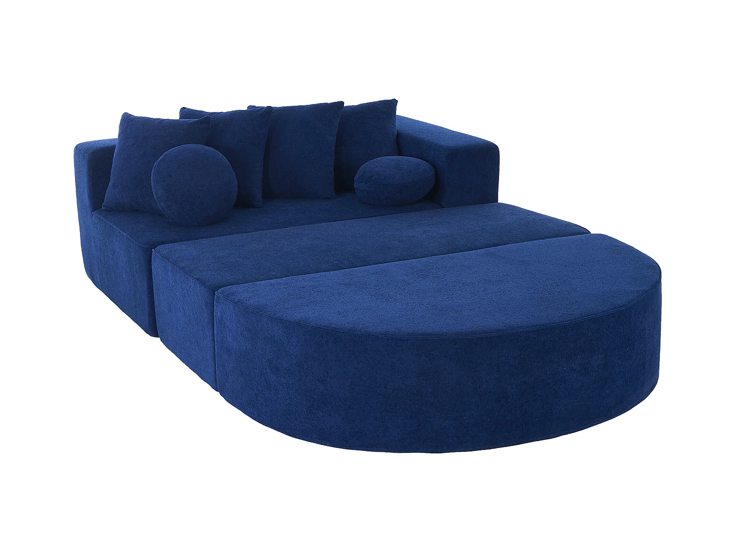 Canapé 5 places bleu - Canapé sans cadre avec 4 coussins carrés et 2 coussins ronds - chenille