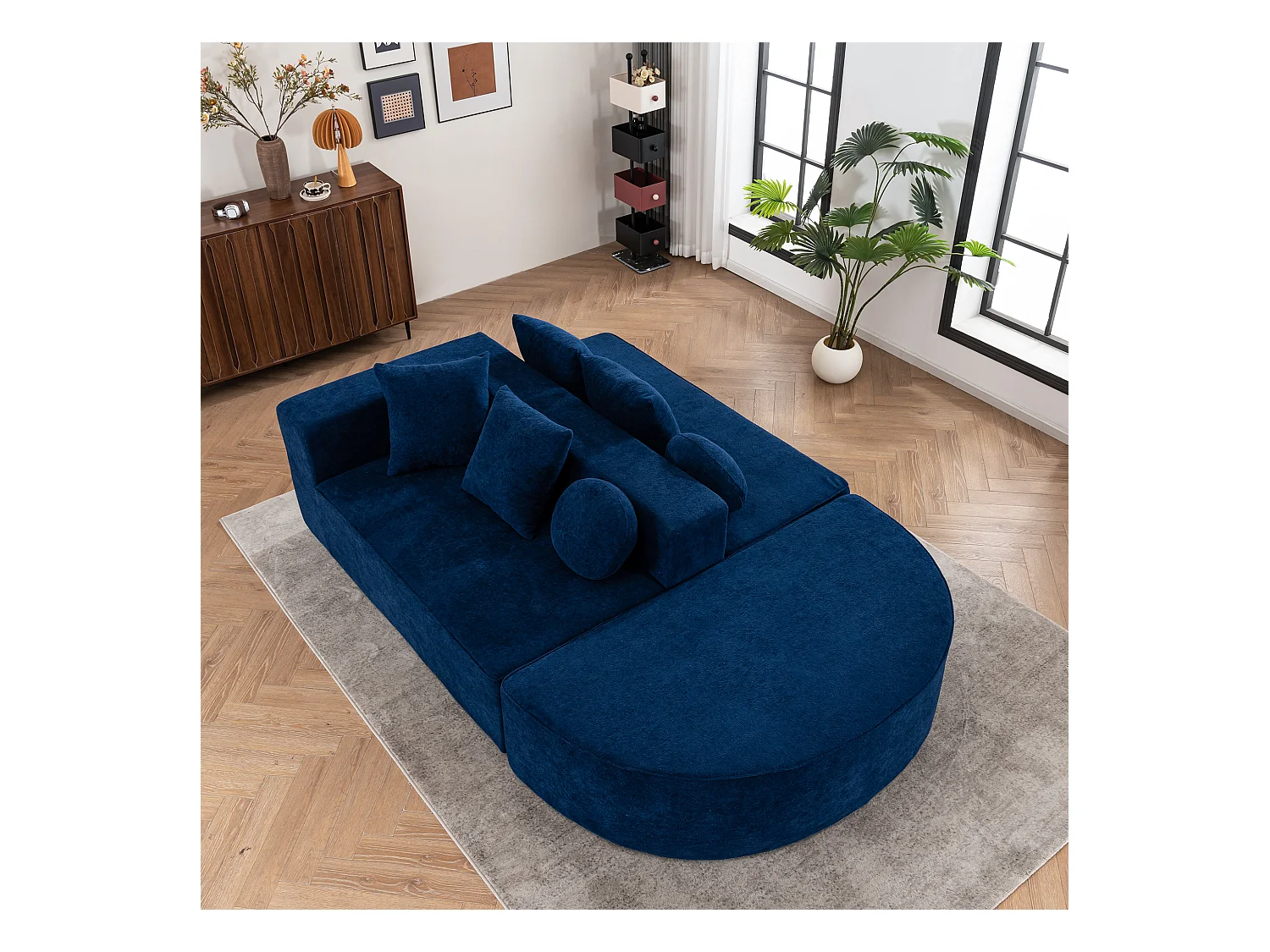 Canapé 5 places bleu - Canapé sans cadre avec 4 coussins carrés et 2 coussins ronds - chenille
