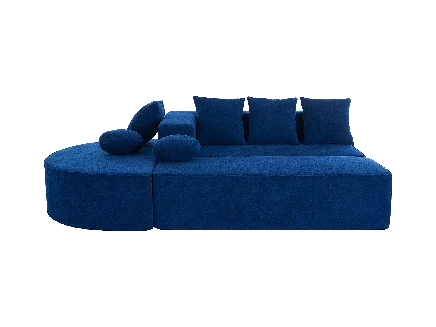 Canapé 5 places bleu - Canapé sans cadre avec 4 coussins carrés et 2 coussins ronds - chenille