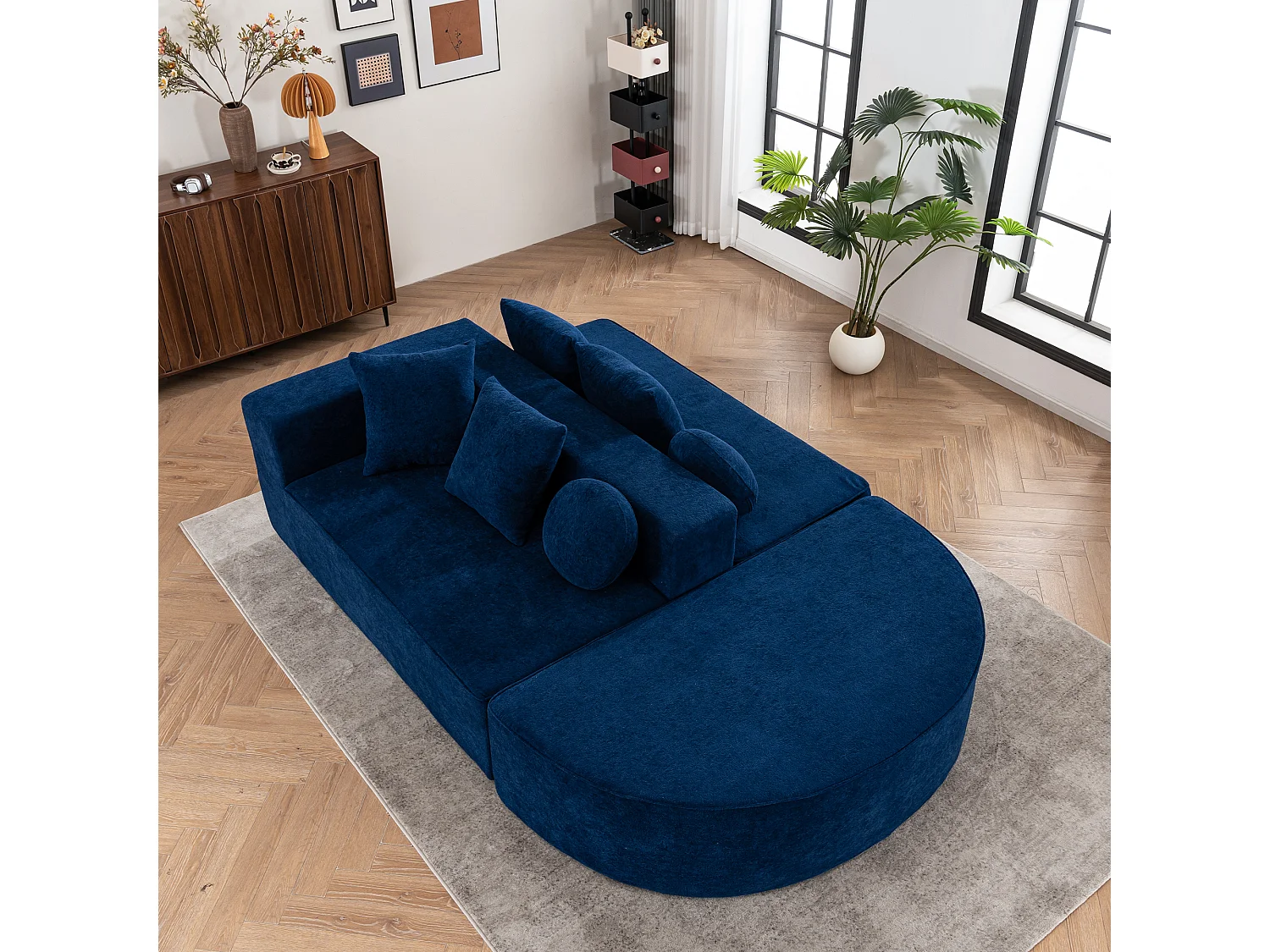 Blauwe 5-zitsbank - Frameloze bank met 4 vierkante kussens en 2 ronde kussens - chenille