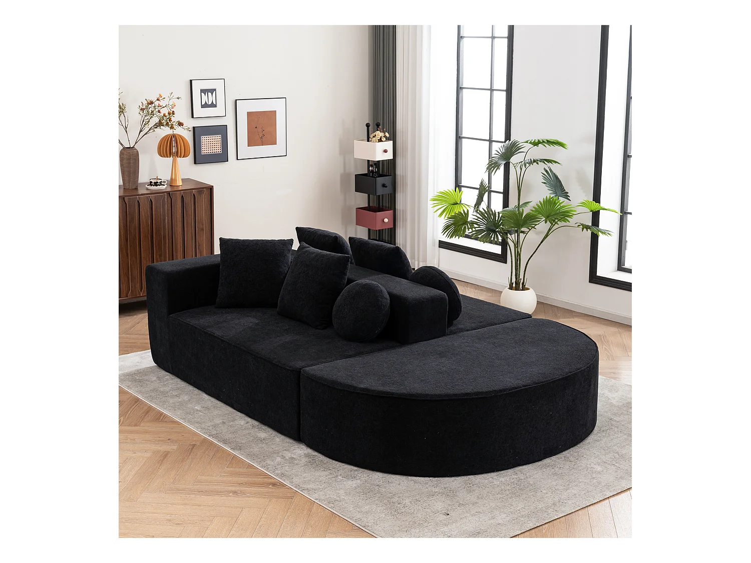 Canapé 5 places marron - Canapé sans cadre avec 4 coussins carrés et 2 coussins ronds - chenille
