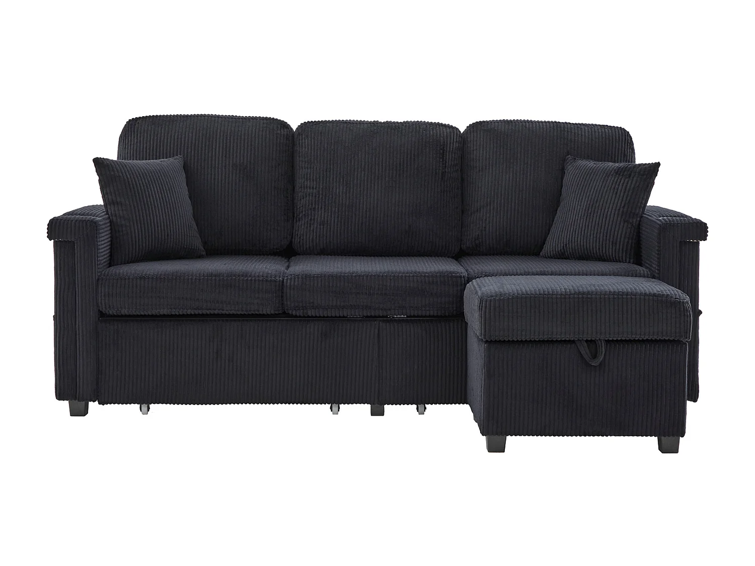 Zwarte 4-zitsbank - Hoekbank met LED-verlichting en voetenbank met opbergruimte - bekerhouder en zijvakken - corduroy