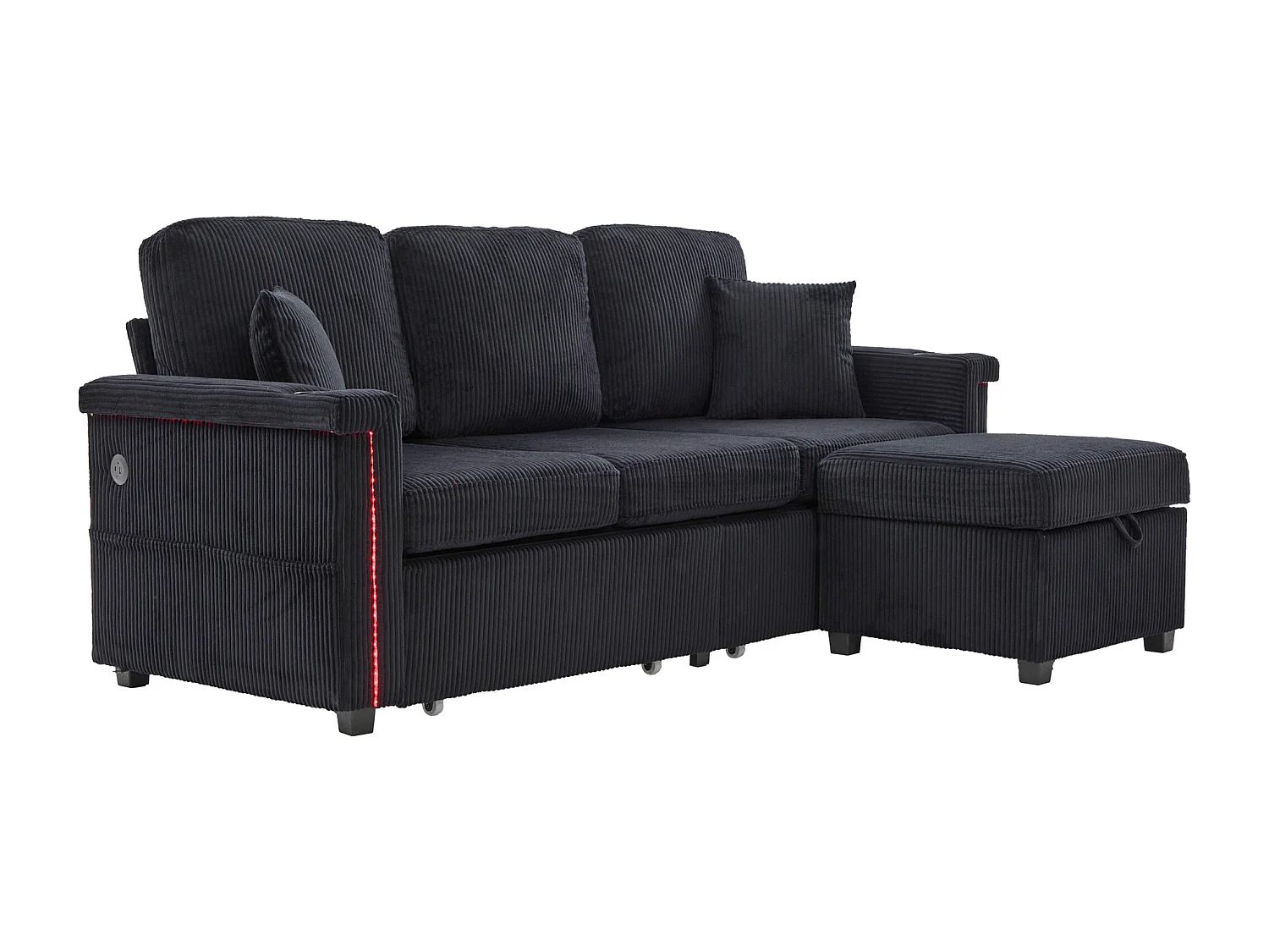 Zwarte 4-zitsbank - Hoekbank met LED-verlichting en voetenbank met opbergruimte - bekerhouder en zijvakken - corduroy