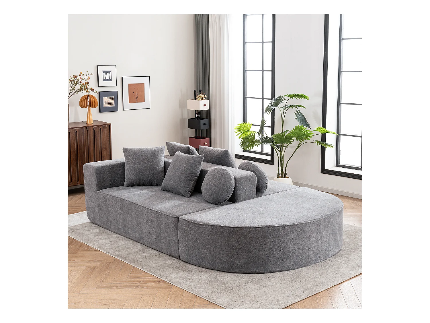 Canapé 5 places gris - Canapé sans cadre avec 4 coussins carrés et 2 coussins ronds - chenille