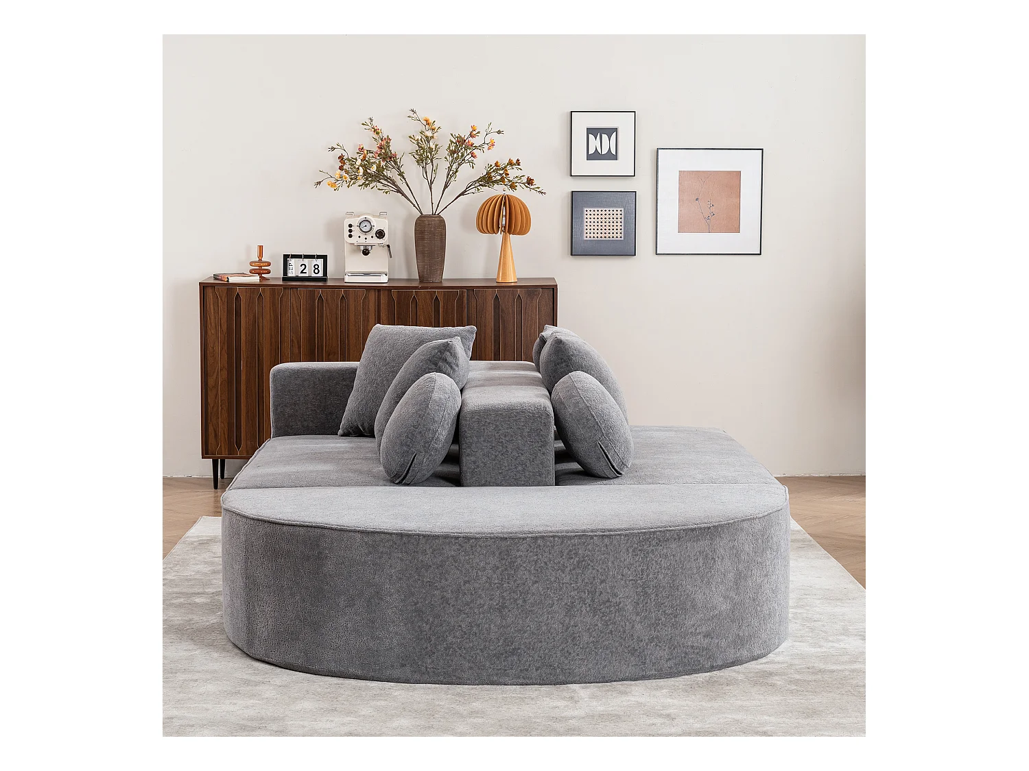 Canapé 5 places gris - Canapé sans cadre avec 4 coussins carrés et 2 coussins ronds - chenille
