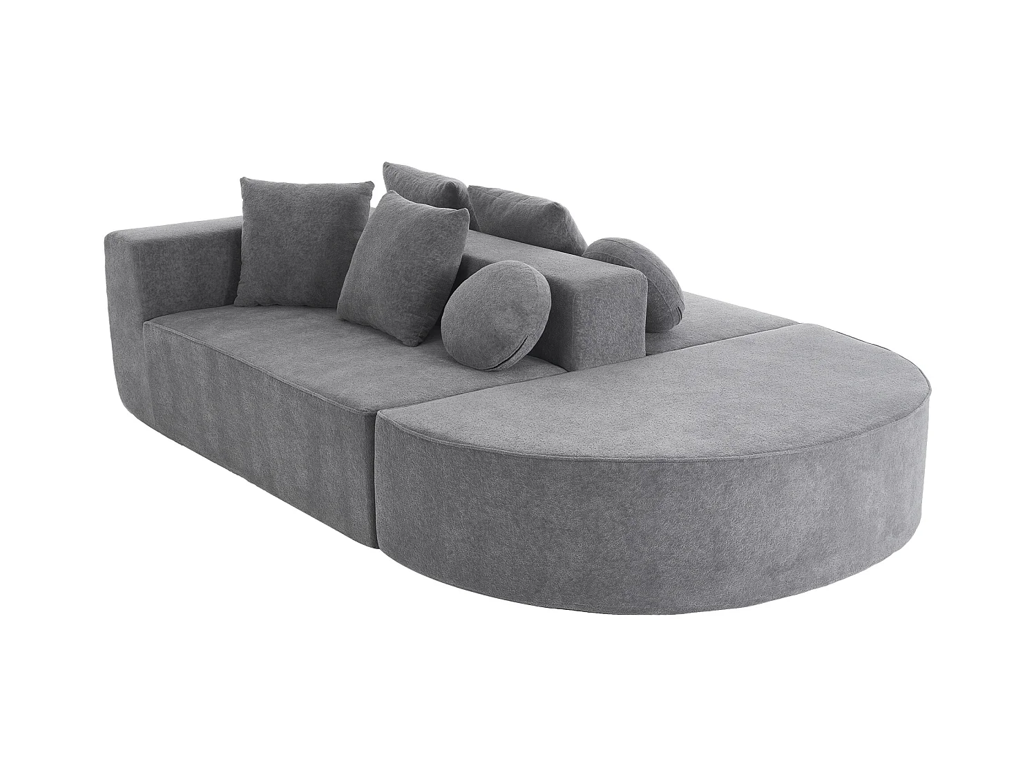 Canapé 5 places gris - Canapé sans cadre avec 4 coussins carrés et 2 coussins ronds - chenille