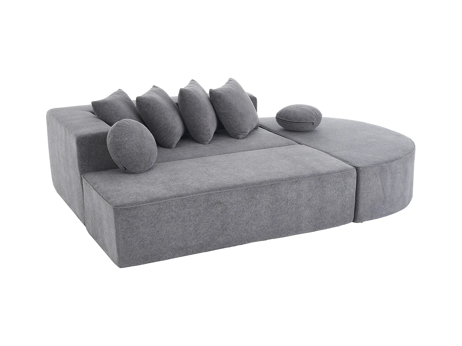 Canapé 5 places gris - Canapé sans cadre avec 4 coussins carrés et 2 coussins ronds - chenille