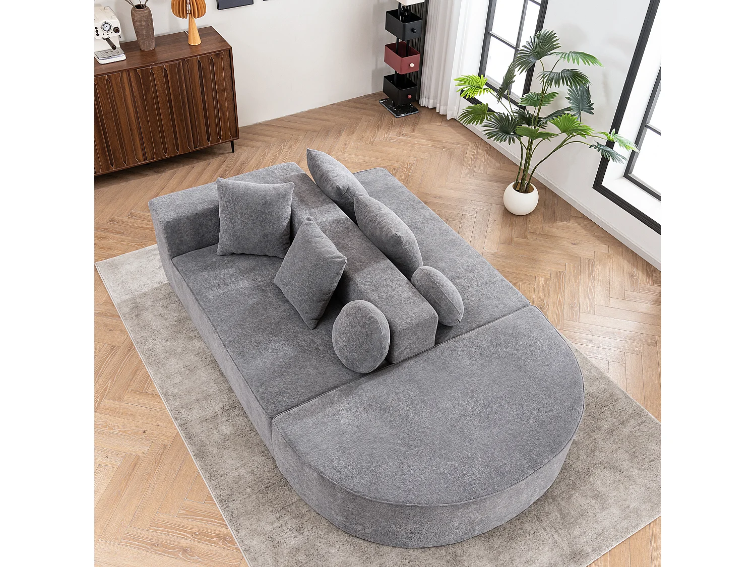 Sofá gris de 5 plazas - Sofá sin estructura con 4 cojines cuadrados y 2 cojines redondos - chenilla