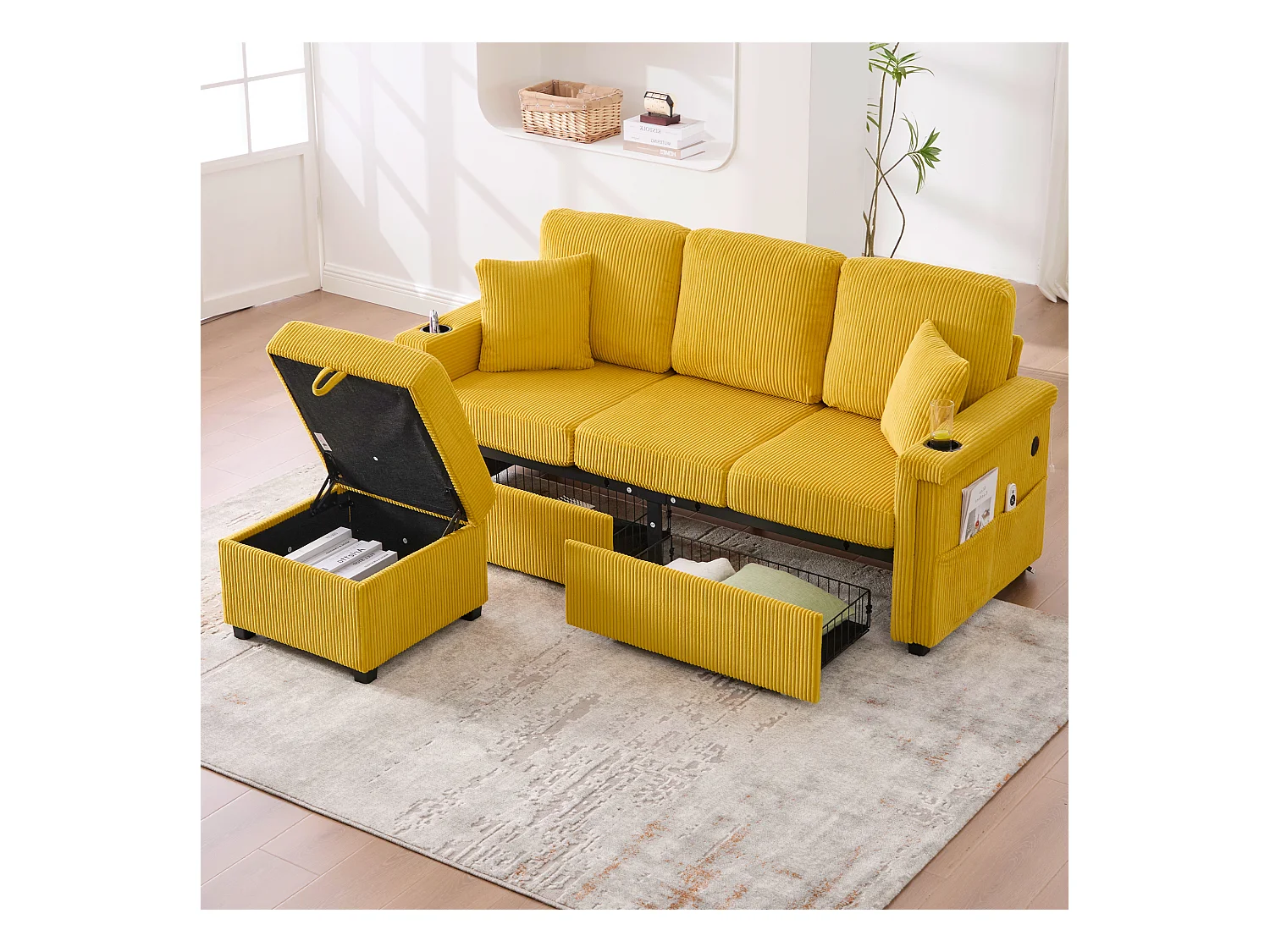 Canapé 4 places jaune - Canapé d'angle avec éclairage LED et repose-pieds avec rangement - porte-gobelet et poches latérales - velours côtelé