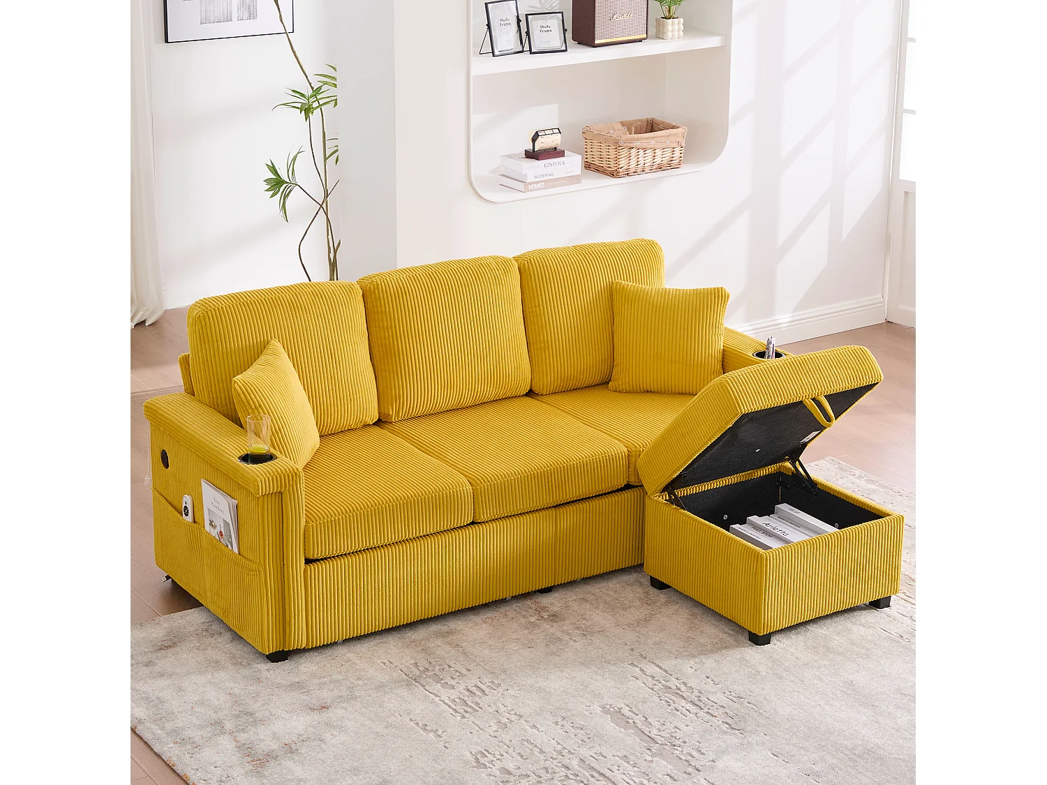 Sofá amarillo de 4 plazas - Sofá esquinero con iluminación LED y reposapiés con espacio de almacenamiento - portavasos y bolsillos laterales - pana