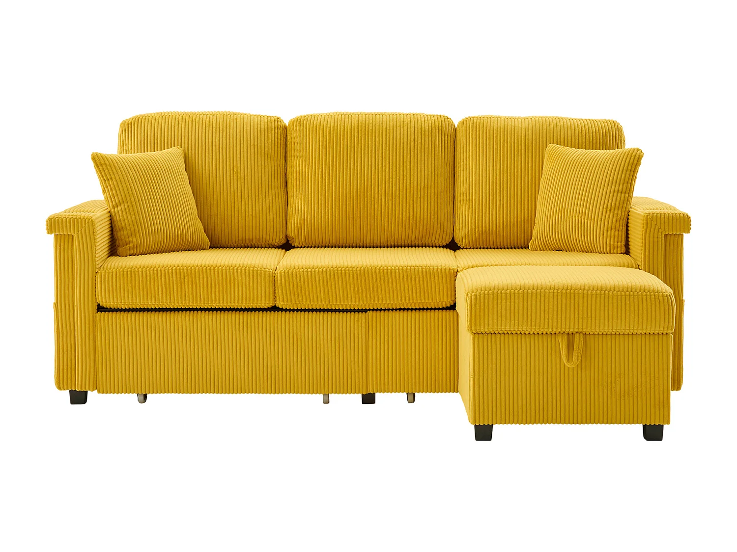 Sofá amarillo de 4 plazas - Sofá esquinero con iluminación LED y reposapiés con espacio de almacenamiento - portavasos y bolsillos laterales - pana
