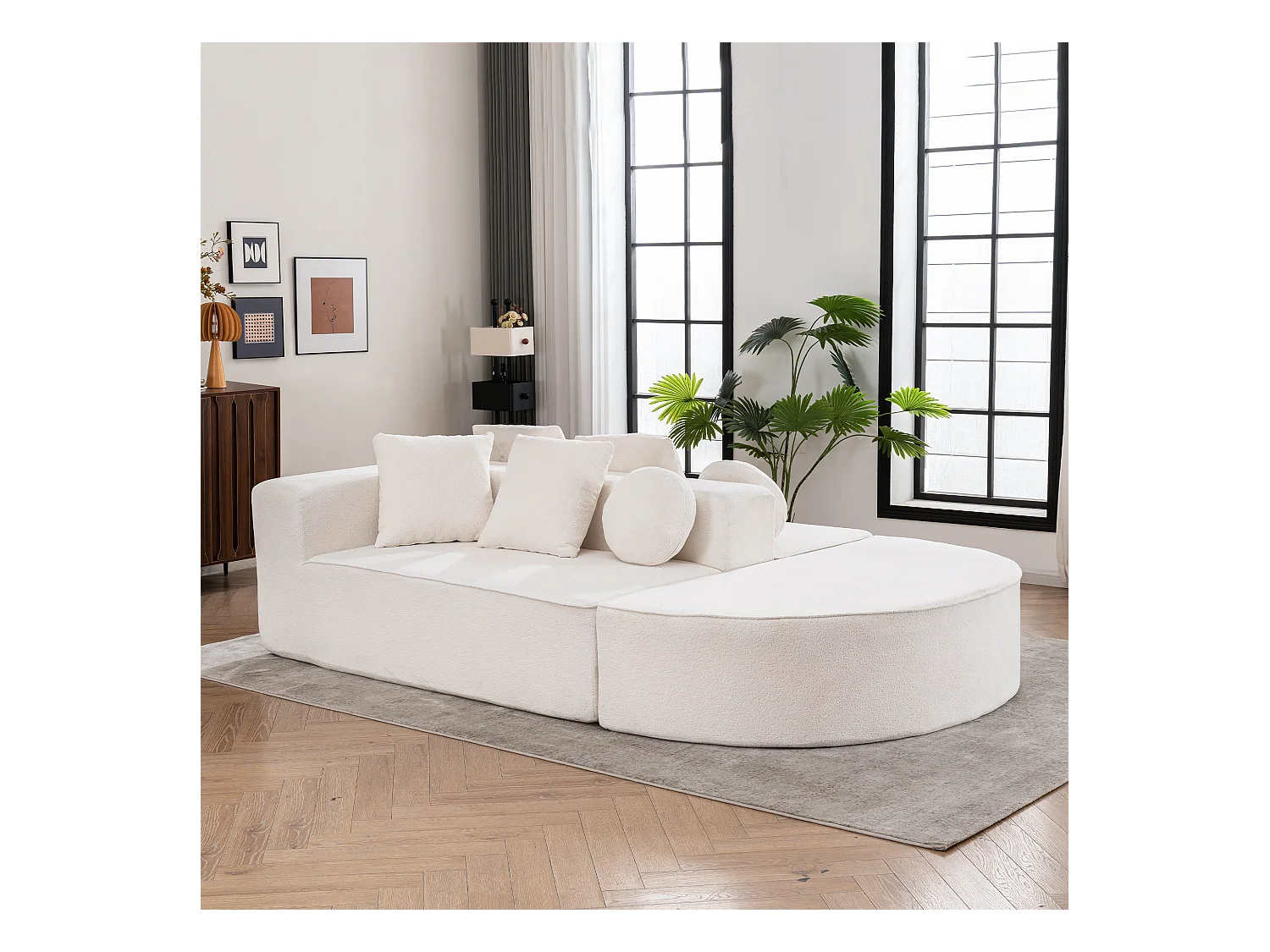 Canapé 5 places blanc - Canapé sans cadre avec 4 coussins carrés et 2 coussins ronds - chenille