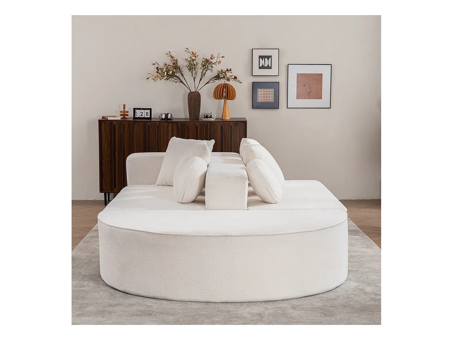 Canapé 5 places blanc - Canapé sans cadre avec 4 coussins carrés et 2 coussins ronds - chenille