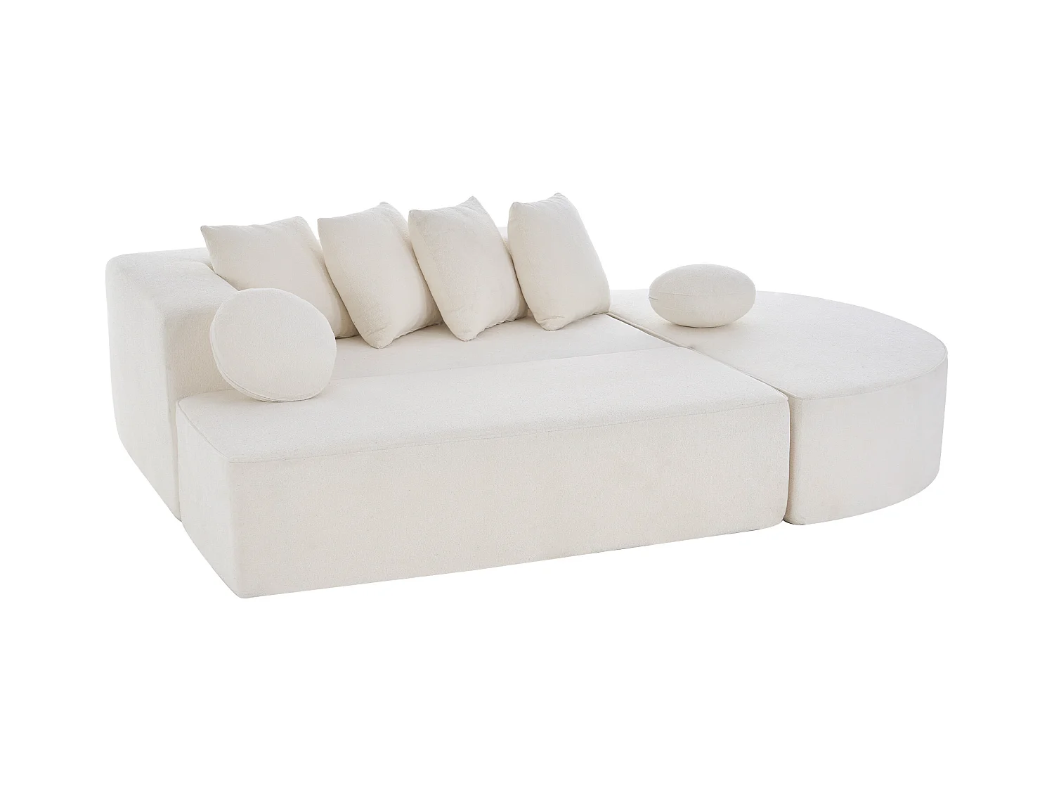 Canapé 5 places blanc - Canapé sans cadre avec 4 coussins carrés et 2 coussins ronds - chenille