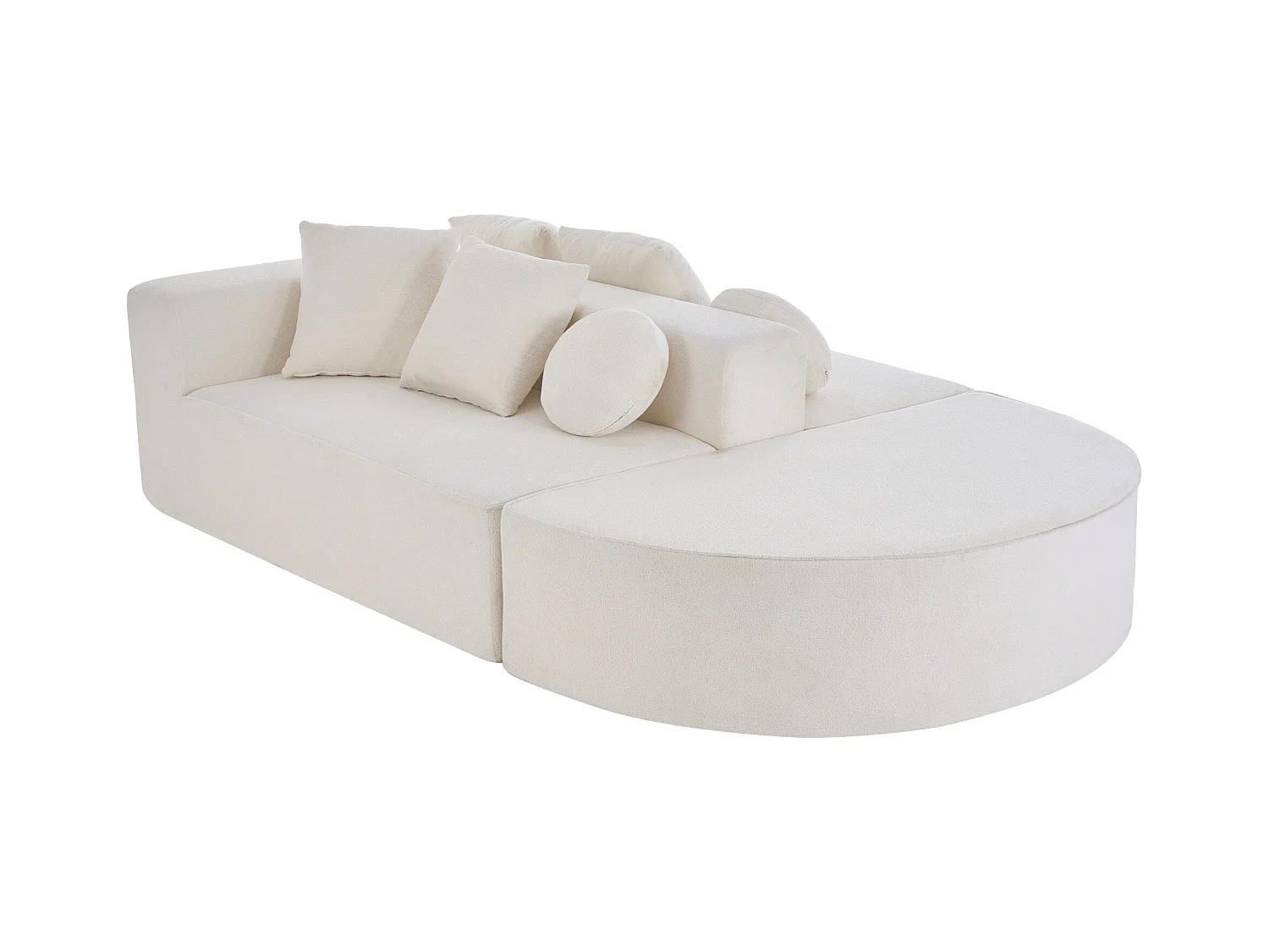 Canapé 5 places blanc - Canapé sans cadre avec 4 coussins carrés et 2 coussins ronds - chenille