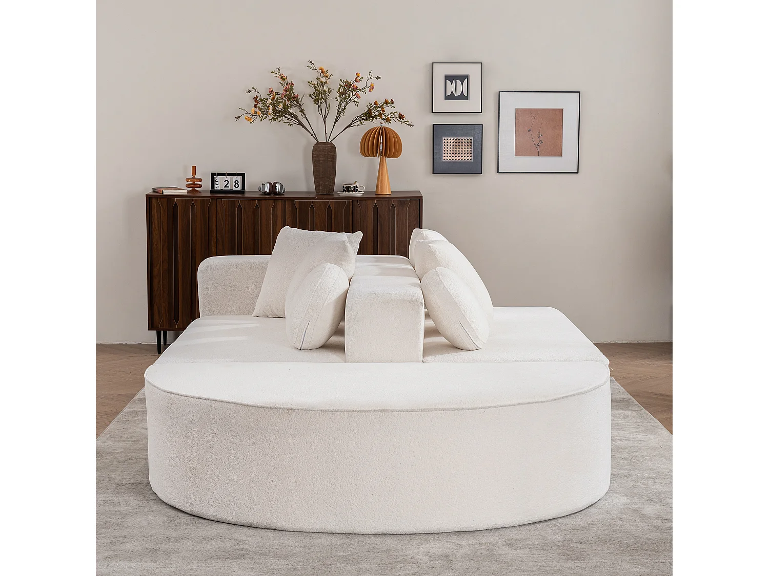 Divano bianco a 5 posti - Divano senza struttura con 4 cuscini quadrati e 2 cuscini rotondi - ciniglia