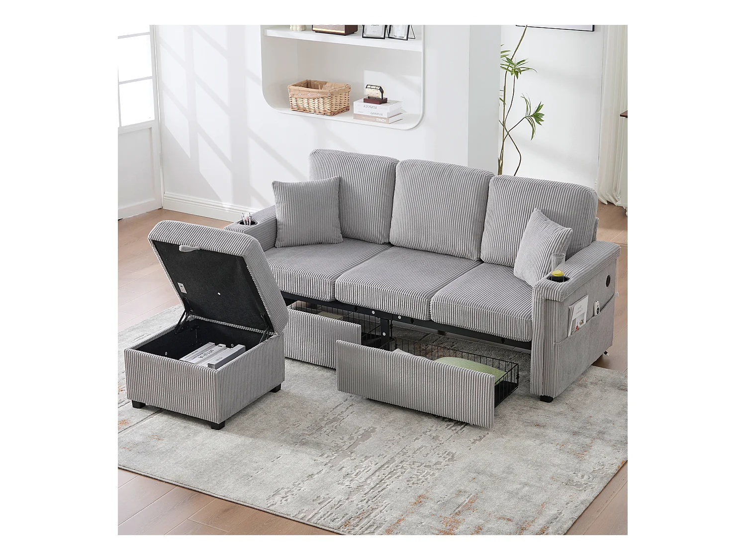 Canapé 4 places gris clair - Canapé d'angle avec éclairage LED et repose-pieds avec rangement - porte-gobelet et poches latérales - velours côtelé