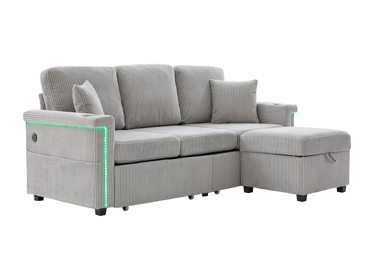 Sofá de 4 plazas gris claro - Sofá esquinero con iluminación LED y reposapiés con espacio de almacenamiento - portavasos y bolsillos laterales - pana