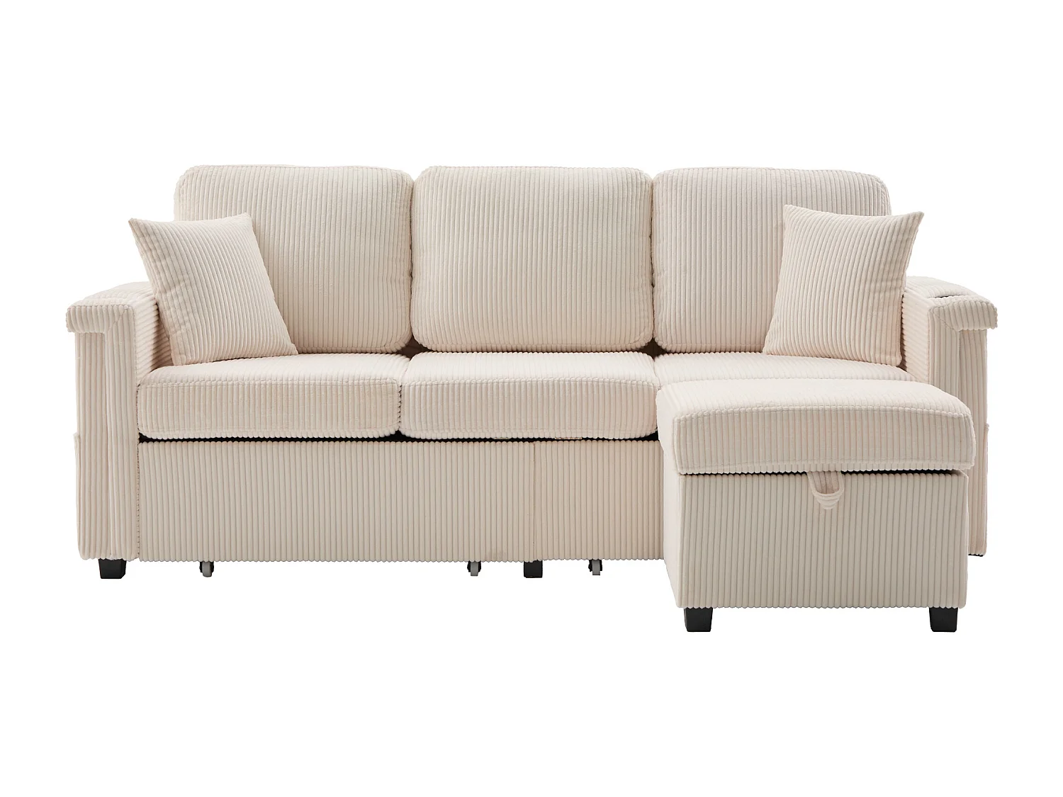 Beige 4-zitsbank - Hoekbank met LED-verlichting en voetenbank met opbergruimte - bekerhouder en zijvakken - corduroy