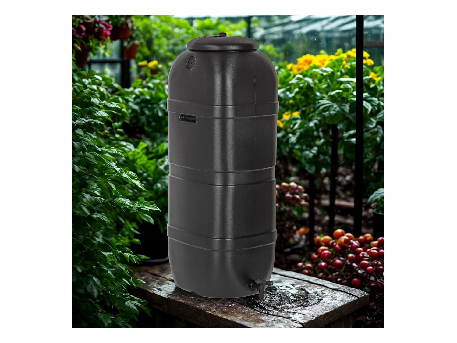Tonneau récupérateur d’eau de pluie Noir 100 L - 95,2 x 36 x 32 cm - Avec couvercle et robinet