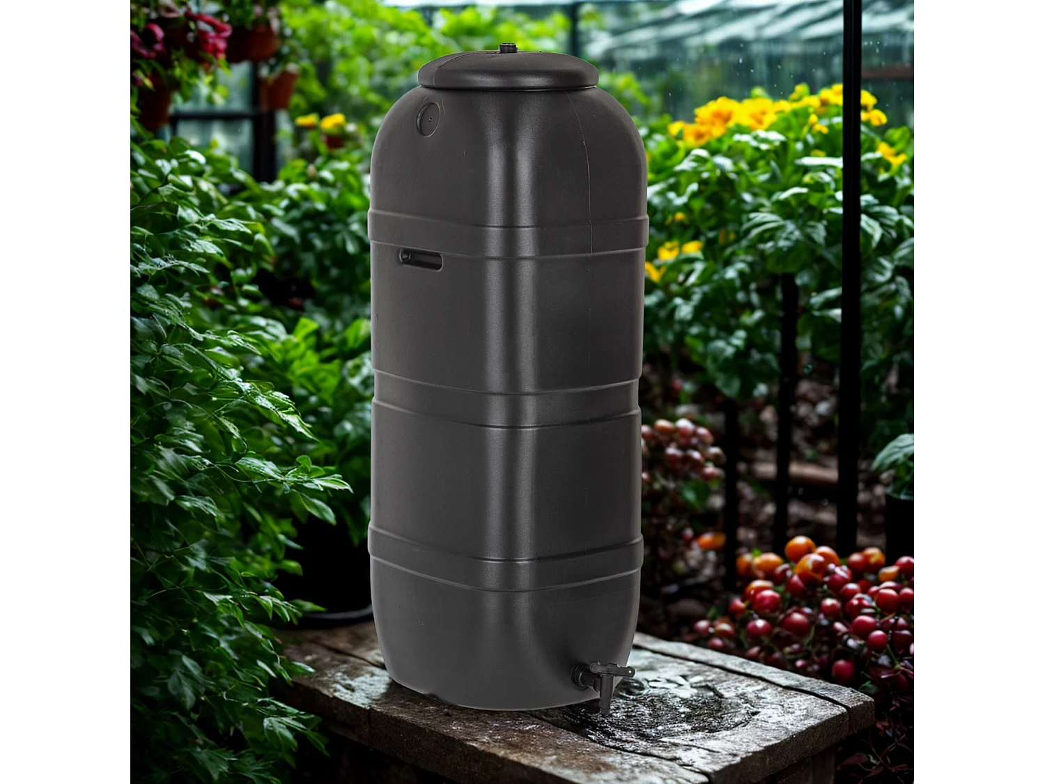 Tonneau récupérateur d’eau de pluie Noir 100 L - 95,2 x 36 x 32 cm - Avec couvercle et robinet