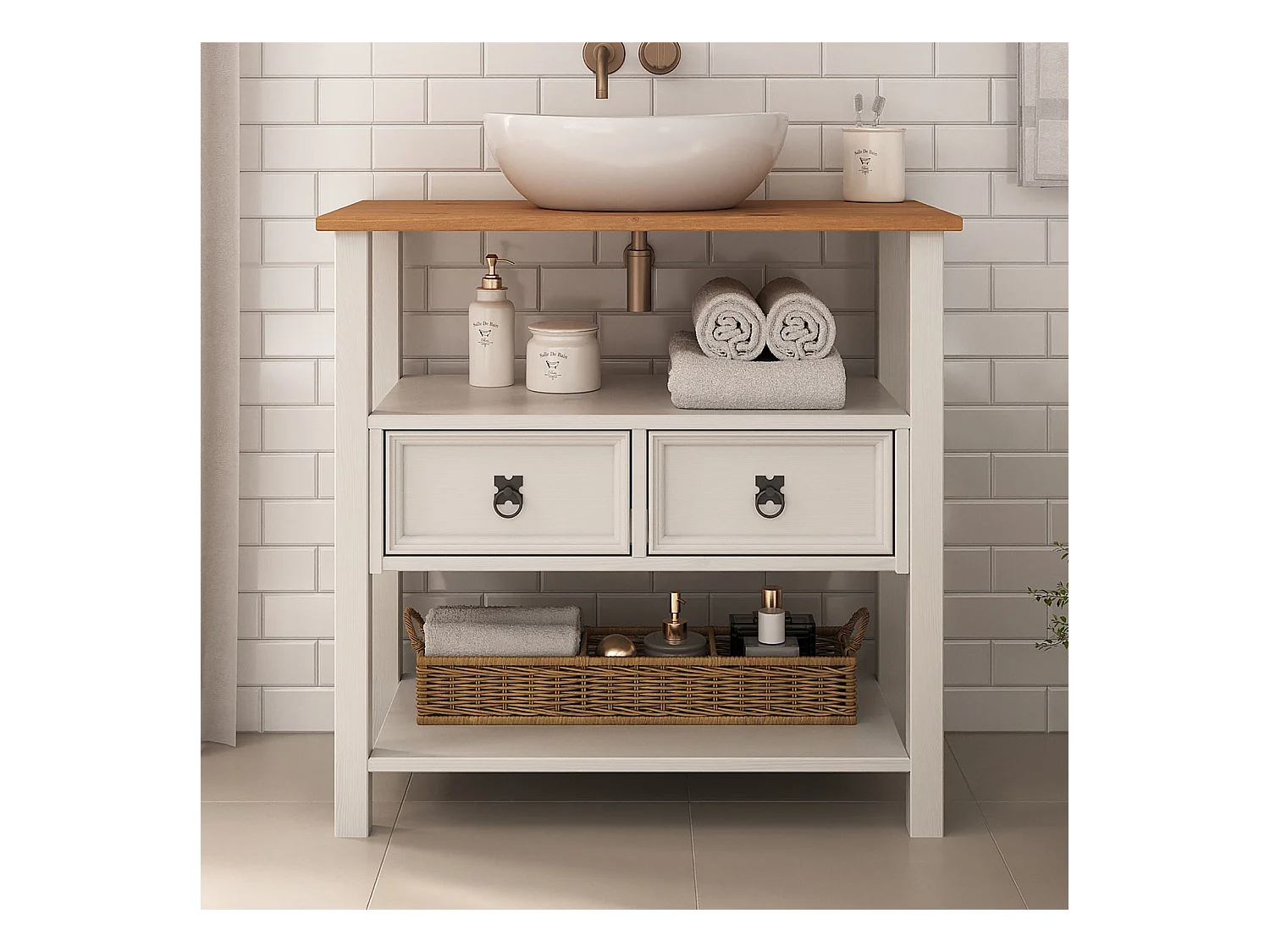 Meuble sous lavabo TEQUILA H 78 cm en bois massif avec 2 tiroirs et 2 étagères Style Mexicain, Meuble sous Vasque Salle de Bain